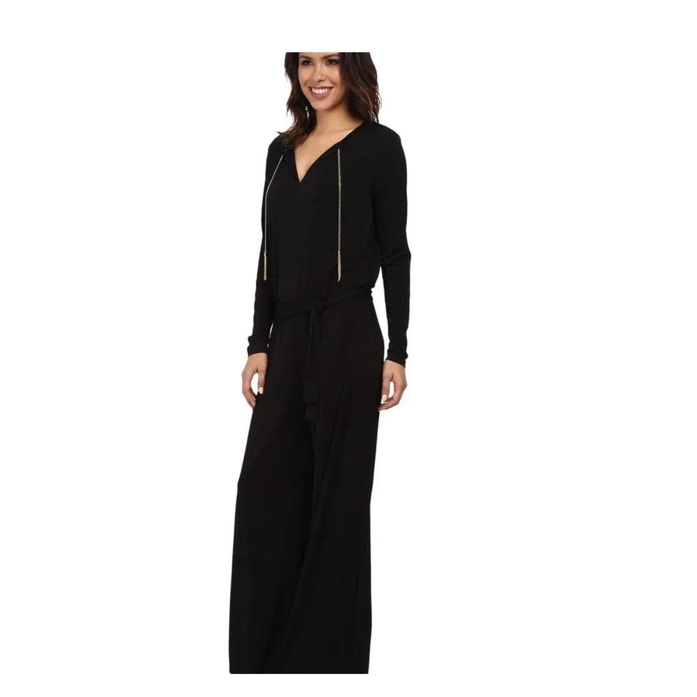 Michael Michael Kors Black Wide Leg Jumpsuit‎ Gold Chain Tassel V-Neck Medium
